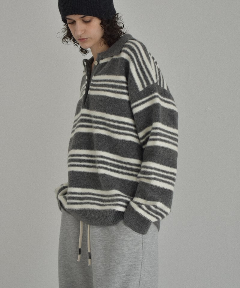 knit-02368 ポロカラー ボーダー ニット グレー ブラウン | L a v i s