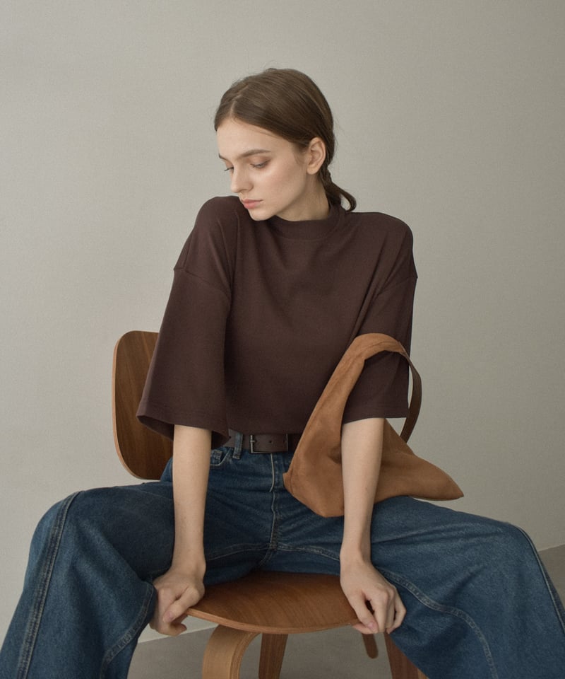 nh-tops-02566 ハーフスリーブ モックネック Tee エクリュ チャコール