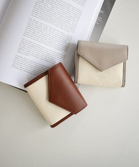 leather-09001　牛革 × キャンバス　レターデザイン 財布　グレージュ　ブラウン