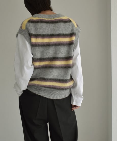 knit-02247　モヘア混 マルチボーダー Vネック ニットベスト