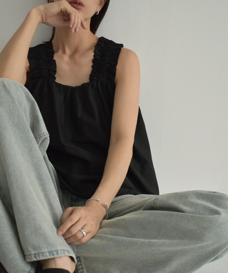 tops-02479 ギャザータンク ブラウス ホワイト ブラック | L tops-02479 ギャザータンク ブラウス ホワイト ブラック | L