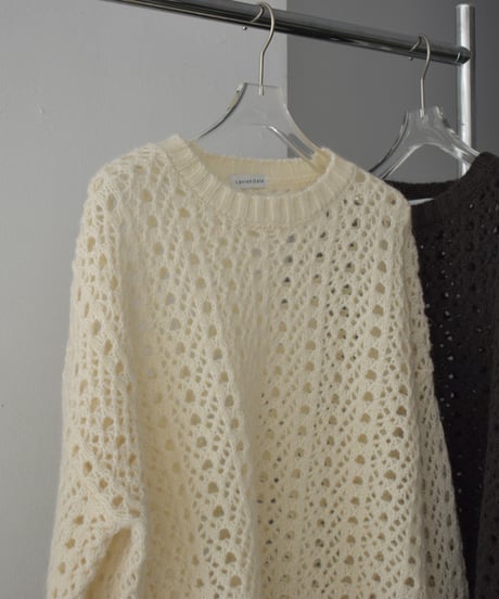 knit-02284　透かし編み モヘア ニット プルオーバー　エクリュ　チャコール