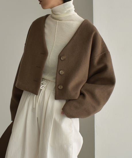 coat-13008　ストール付き　ウール ショートコート　モカ　ブラック