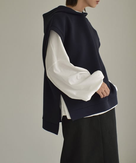 tops-02443　ダンボールニット フーディーベスト　グレージュ　ネイビー