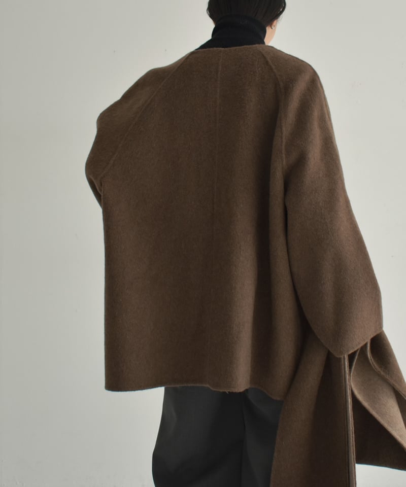 coat-02050 マフラー付き ノーカラー ウール コート リバー仕立て