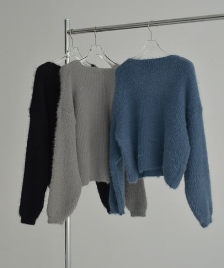 knit-02289　シャギー ニット カーディガン　グレー　ブラック