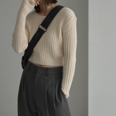 knit-02256　リブ シャギー コンパクト ニット　ライトベージュ　ブラック