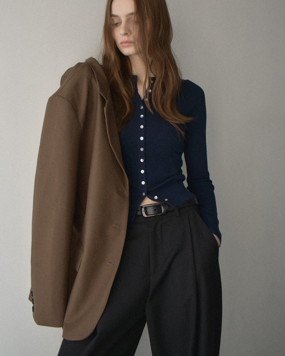 knit-02347 シェルボタン リブ ニット カーディガン グレー ネイビー