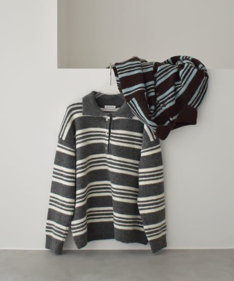 knit-02368　ポロカラー ボーダー ニット　グレー　ブラウン
