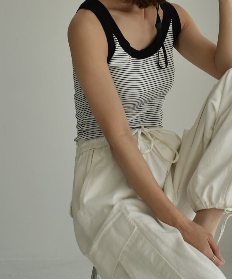 nh-tops-02394 リブ ボーダー タンクトップ ホワイト ブラック | L a v