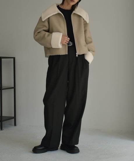outer-02075　ビックカラー フェイクムートン ジャケット　グレージュ　ベージュ　ブラック