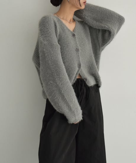 knit-02289　シャギー ニット カーディガン　グレー　ブラック
