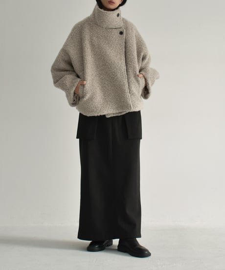 coat-02052　ウール混 ハイネック ブークレ ショート コート　ライトグレージュ　モカ