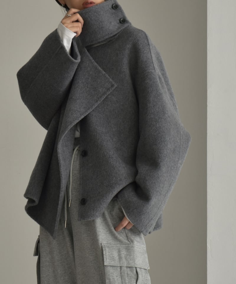 coat-02040 スタンドカラー ウールショートコート リバー仕立て