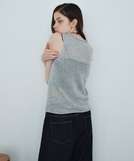 nh-knit-02385　リネン混 ノースリーブ ニット トップス　エクリュ　ベージュ　グレー