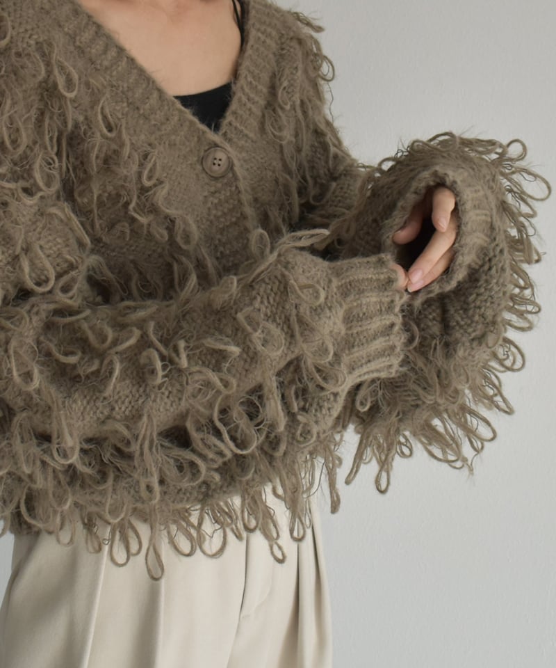 knit-02259 ループボリュームショートカーディガン モカ ブラック | L