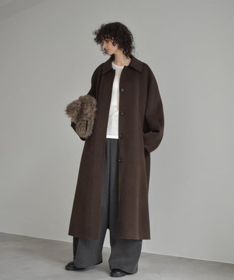 coat-02064　カシミヤ混 ウール ステンカラー ロングコート リバー仕立て　ブラウン