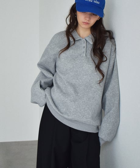 tops-02600　ポロカラー スウェットライク プルオーバー　グレー