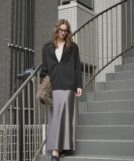 tops-12012　スキッパーシャツ 《セットアップ可能》　モカベージュ　ブラック