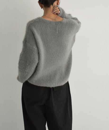 knit-02289　シャギー ニット カーディガン　グレー　ブラック