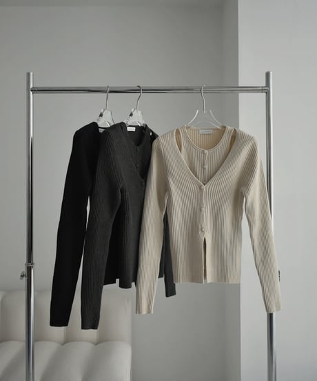 knit-02265　レイヤードデザイン リブニット　アイボリー　グレー　ブラック