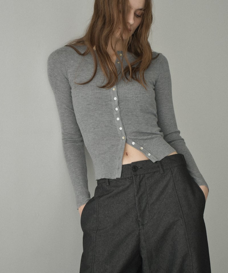 knit-02347 シェルボタン リブ ニット カーディガン グレー ネイビー