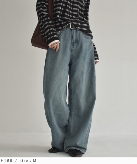 Mサイズのみ7月下旬入荷分　予約販売　bottoms-02297U　ルーズ デニムパンツ　ウォッシュブルー