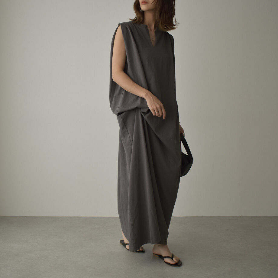 onepiece-02053 アシンメトリー ギャザーワンピース チャコール