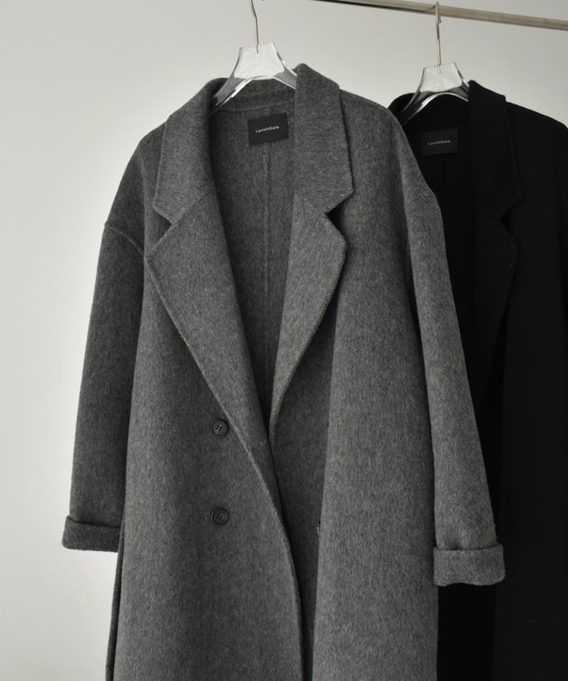 美品　スタイリング　ケイシラハタ　シャギーウールノーカラーボリュームコート754 coat-02054 シャギー ウールコート リバー仕立て グレー ブラック | L