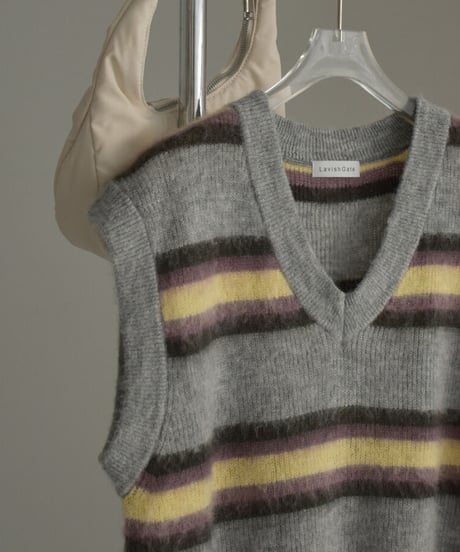 knit-02247　モヘア混 マルチボーダー Vネック ニットベスト