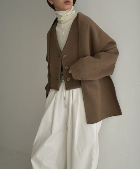 coat-13008　ストール付き　ウール ショートコート　モカ　ブラック
