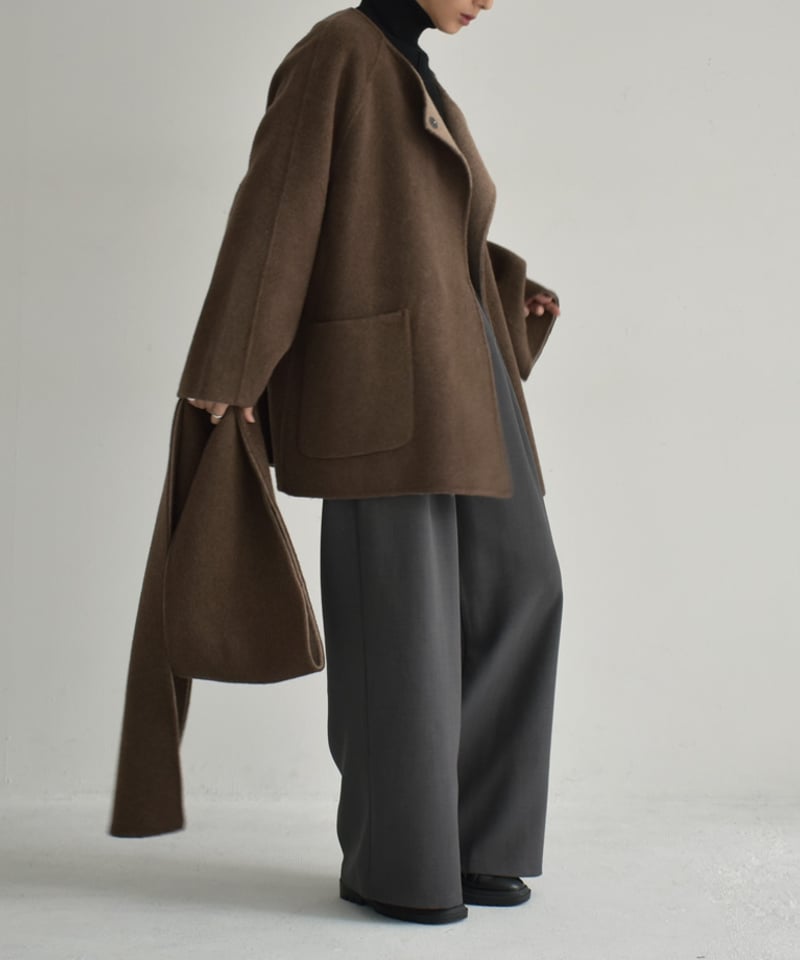 coat-02050 マフラー付き ノーカラー ウール コート リバー