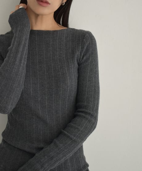 knit-02301　ボートネック ランダム リブ ニット　オフホワイト　チャコール