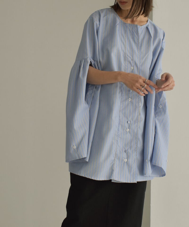 tops-02392 ワイドスリットスリーブ ストライプシャツ ブルー