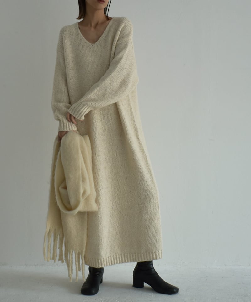 onepiece-02080 ウール混 Vネック ローゲージ ニット ワンピース