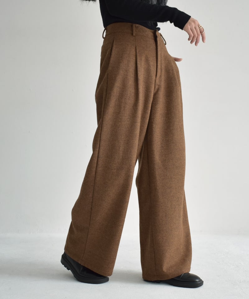 bottoms-02261 ウール混 チェック タックパンツ ブラウン ダーク bottoms-02261 ウール混 チェック タックパンツ ブラウン ダーク