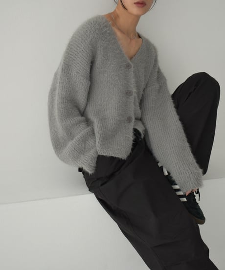 knit-02289　シャギー ニット カーディガン　グレー　ブラック