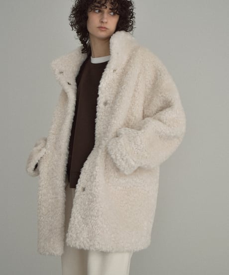 coat-02065　プードルボア ハイネック ミディコート　エクリュ　ブラウン