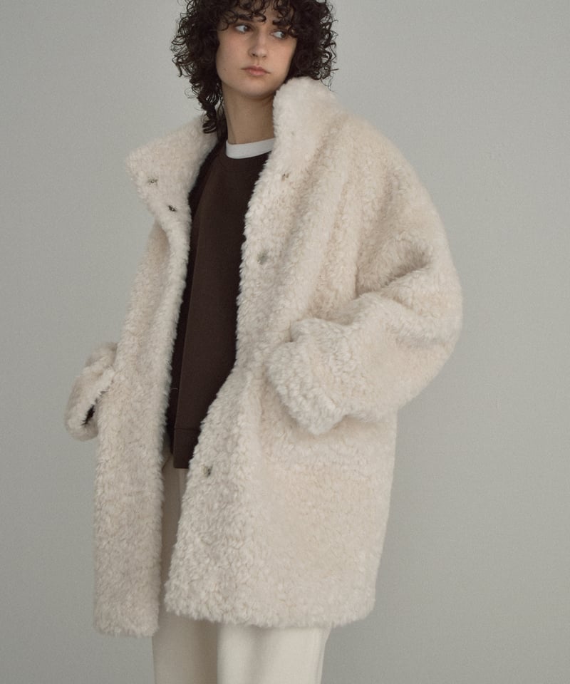 coat-02065 プードルボア ハイネック ミディコート エクリュ ブラウン
