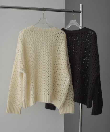 knit-02284　透かし編み モヘア ニット プルオーバー　エクリュ　チャコール