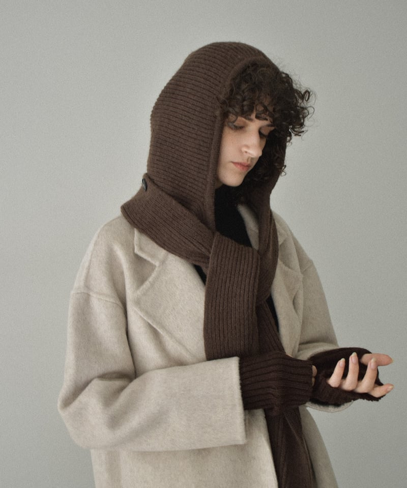 muffler-02024 ニット フード マフラー エクリュ グレー ブラウン