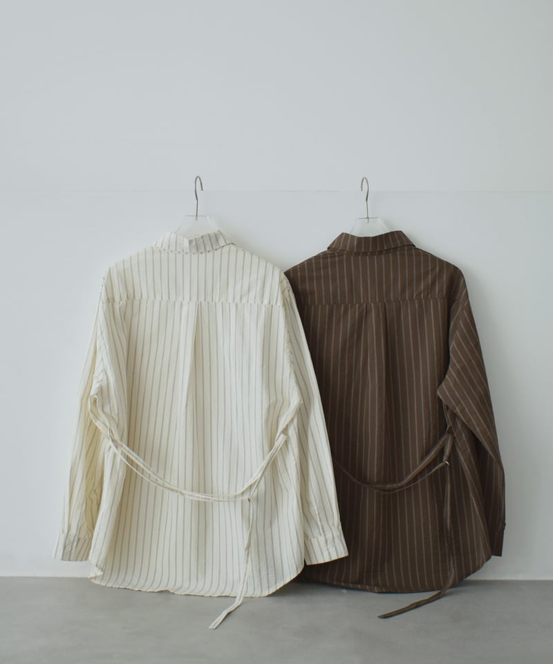 tops-02605 ベルトデザイン ストライプ シャツ エクリュ ブラウン | L