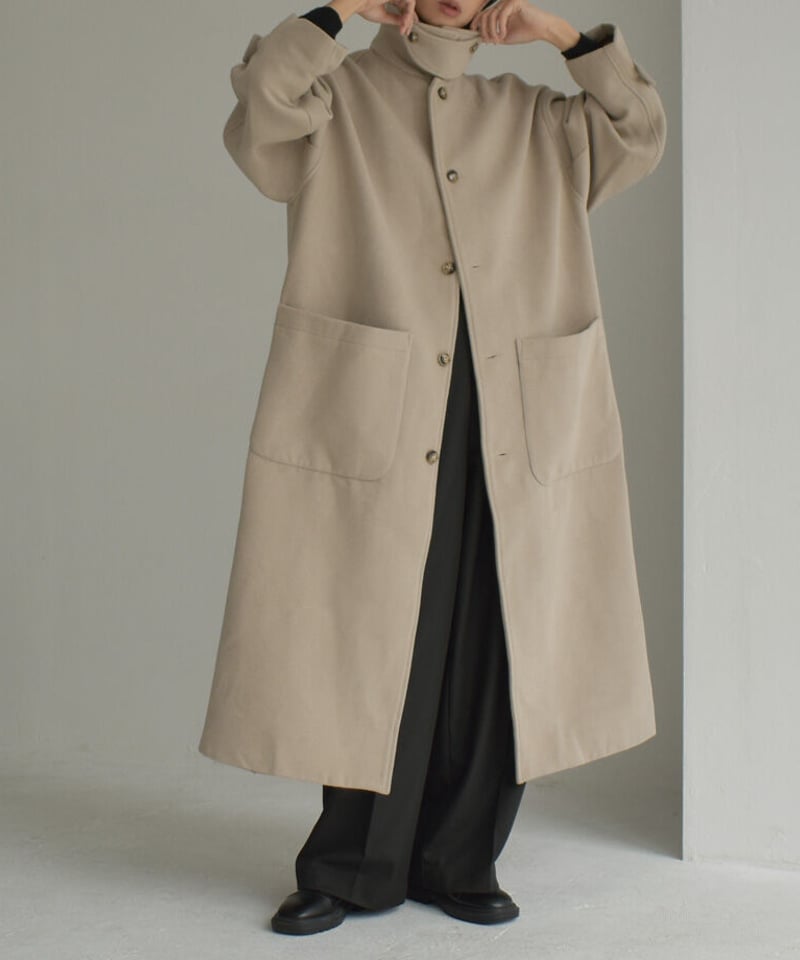 coat-12001 ウールブレンド ステンカラーコート ベージュ モカ | L