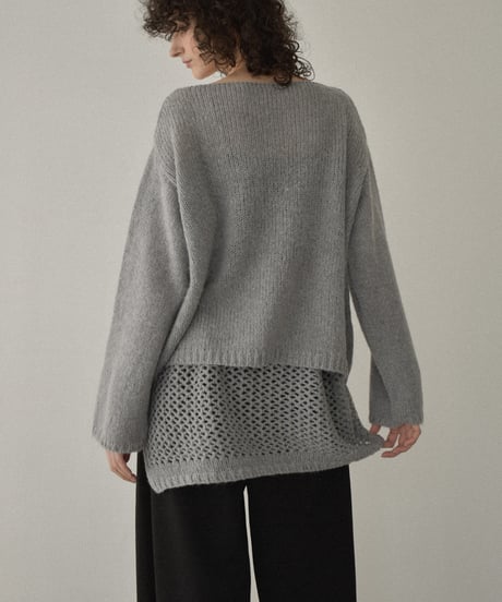 knit-02355　ラップクロシェニット付 ボートネック ニット プルオーバー　ライトグレー　チャコール　ブラウン