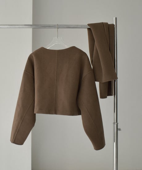 coat-13008　ストール付き　ウール ショートコート　モカ　ブラック