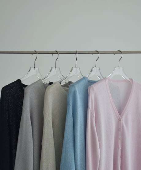 knit-02378　リネン混　メッシュ ニット カーディガン　エクリュ　ピンク　ブルー　グレー　ネイビー