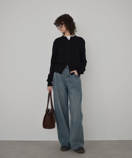 knit-02372　クルーネック コンパクト ニット カーディガン　オフホワイト　イエロー　ピンク　ブルー　グレー　ブラック