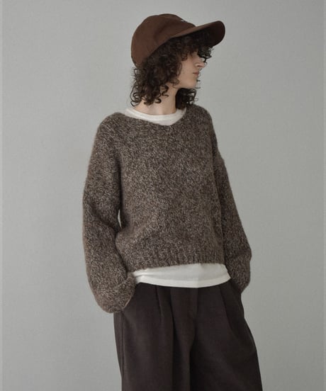 knit-02361　ボリュームスリーブ MIXカラー Vネック ニット　ブラウン　グレー