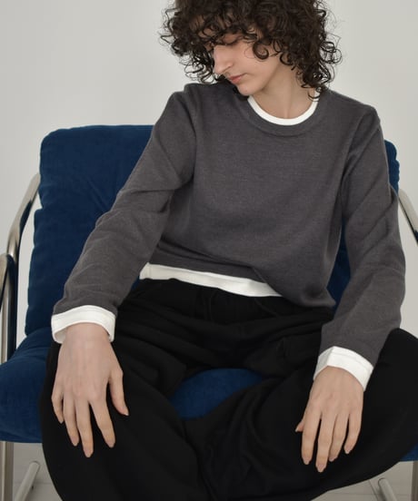 knit-02369　クルーネック レイヤード調 ニット トップス　ベージュ　ブラウン　グレー　ブラック