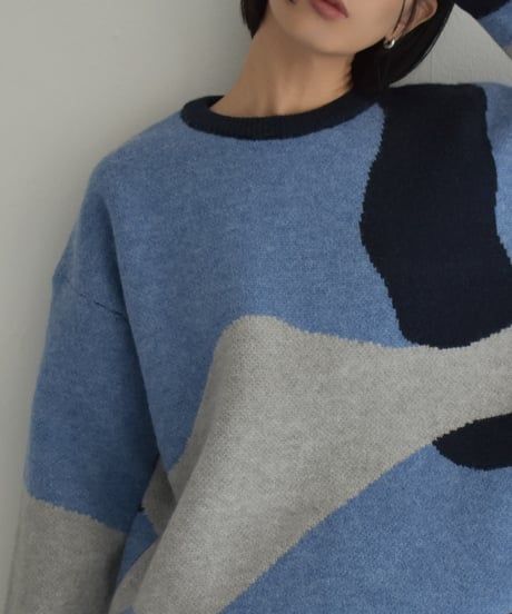 knit-02315　ニュアンス柄 配色 クルーネック ニット　グレー　ブルー